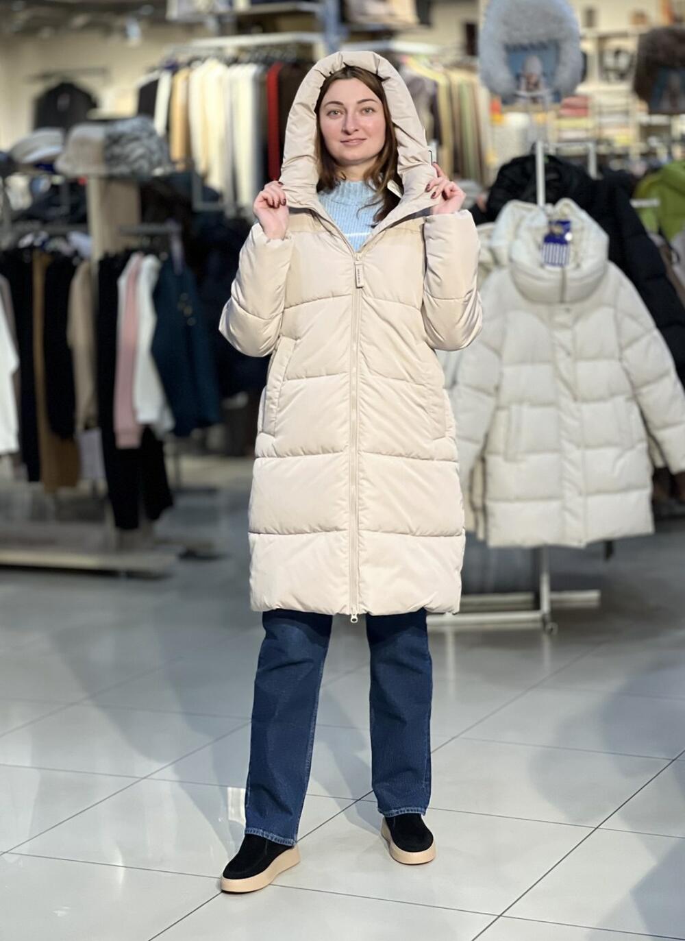 Пальто-пуховик LJ L22287 J-OLI стьобане подовжене зима молочний, L