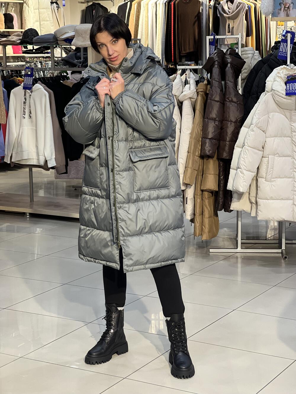 Пальто-пуховик LG 202 2839 довге зима сіро-зелений, M