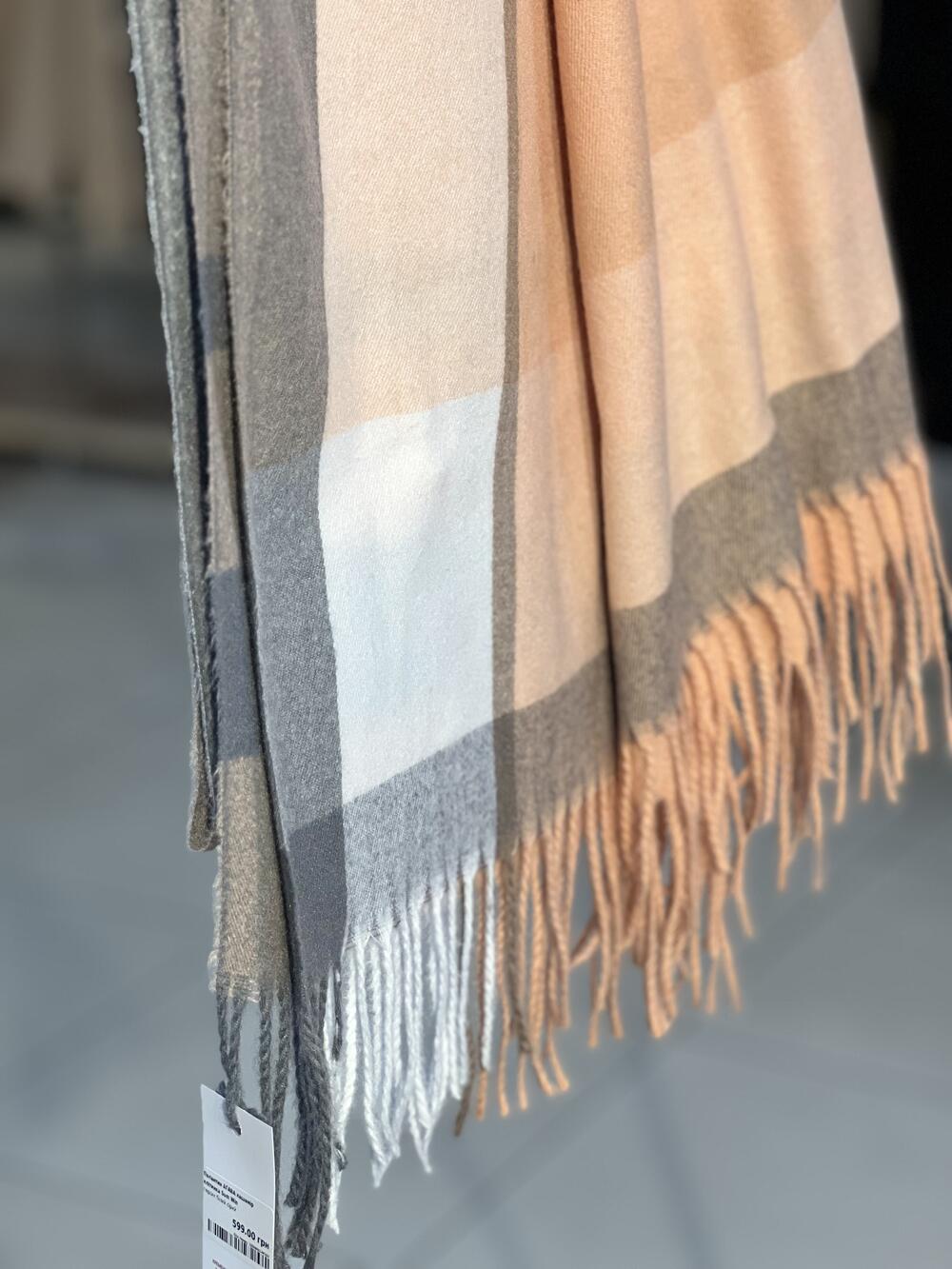 Палантин АГАВА кашемір клітинка персик білий сірий