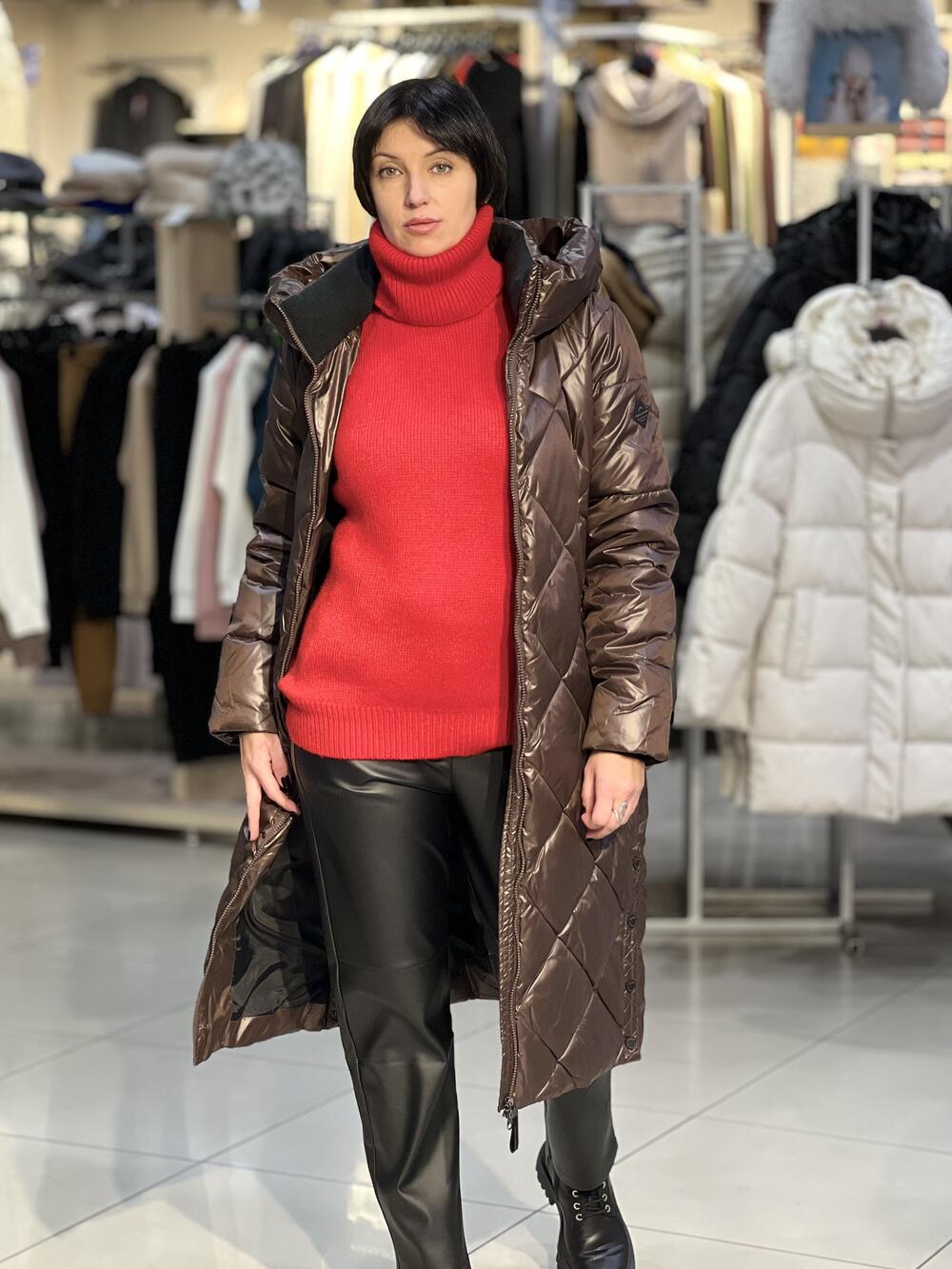 Пальто LM J-FIORDA зима довге з капюшоном шоколад, M