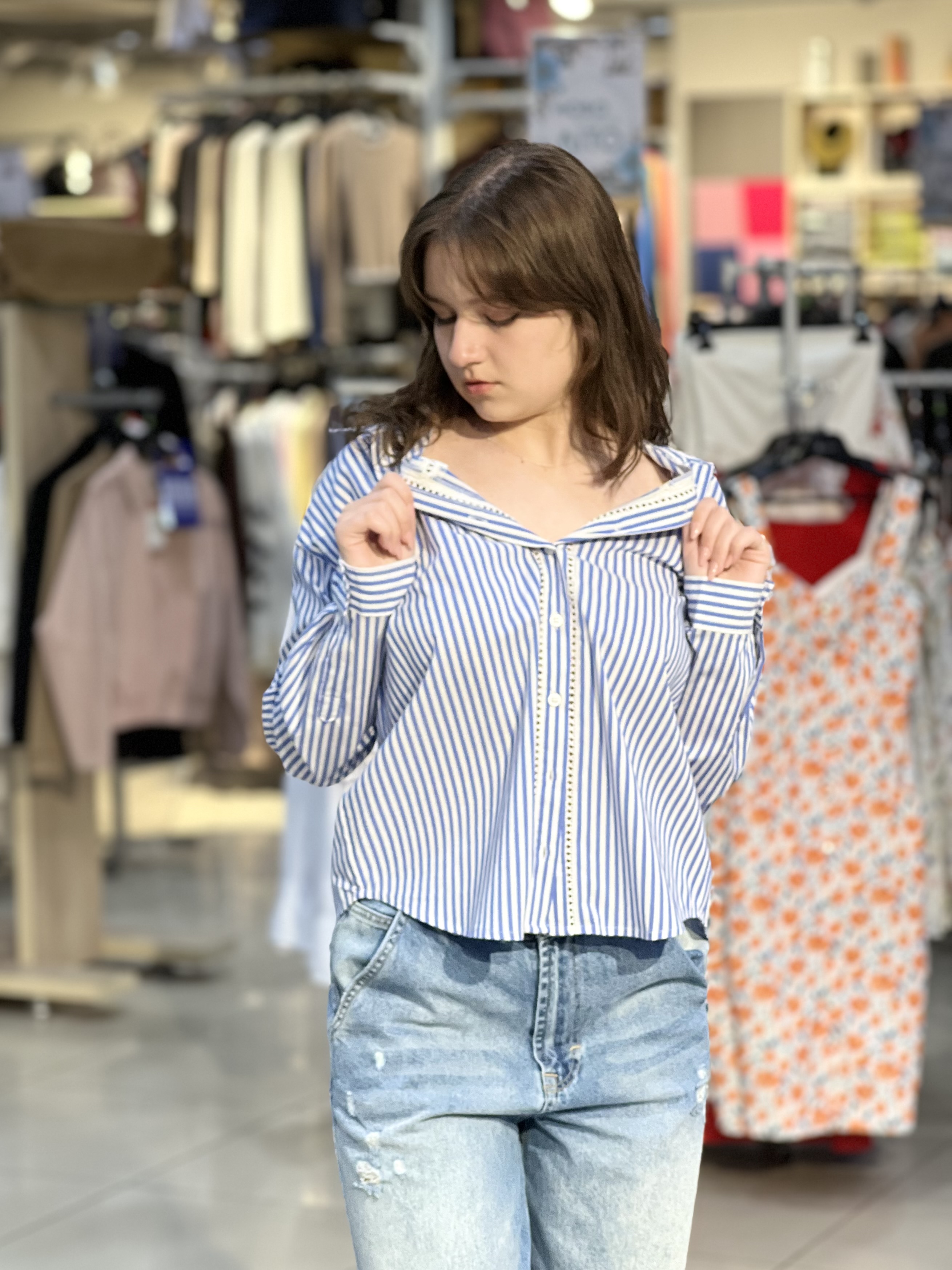 Сорочка LO L09292 K-LAUREL д/р котон мережка синьо-білий, S