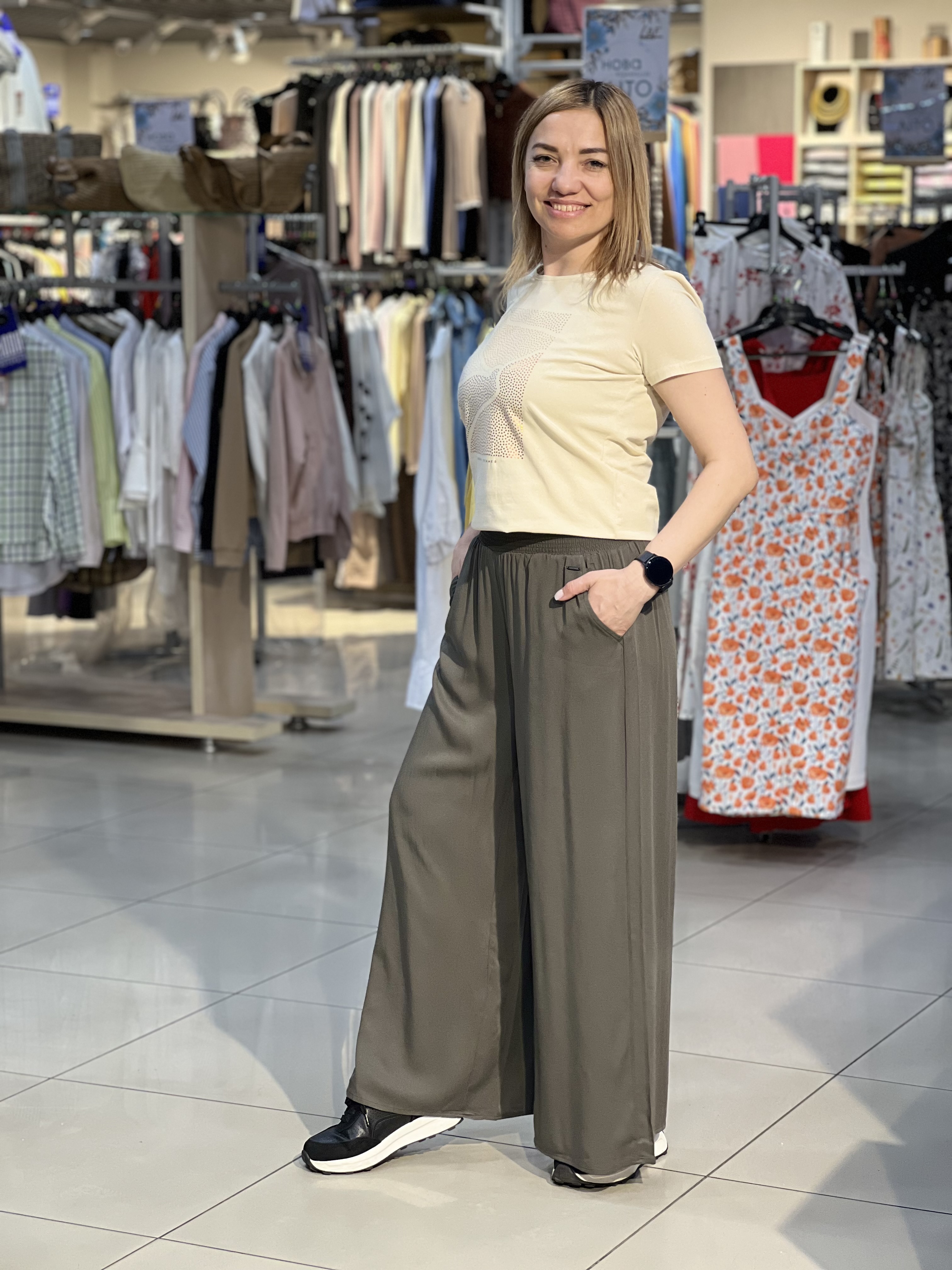 Брюки LO R-AMINA широкі віскоза хакі, M