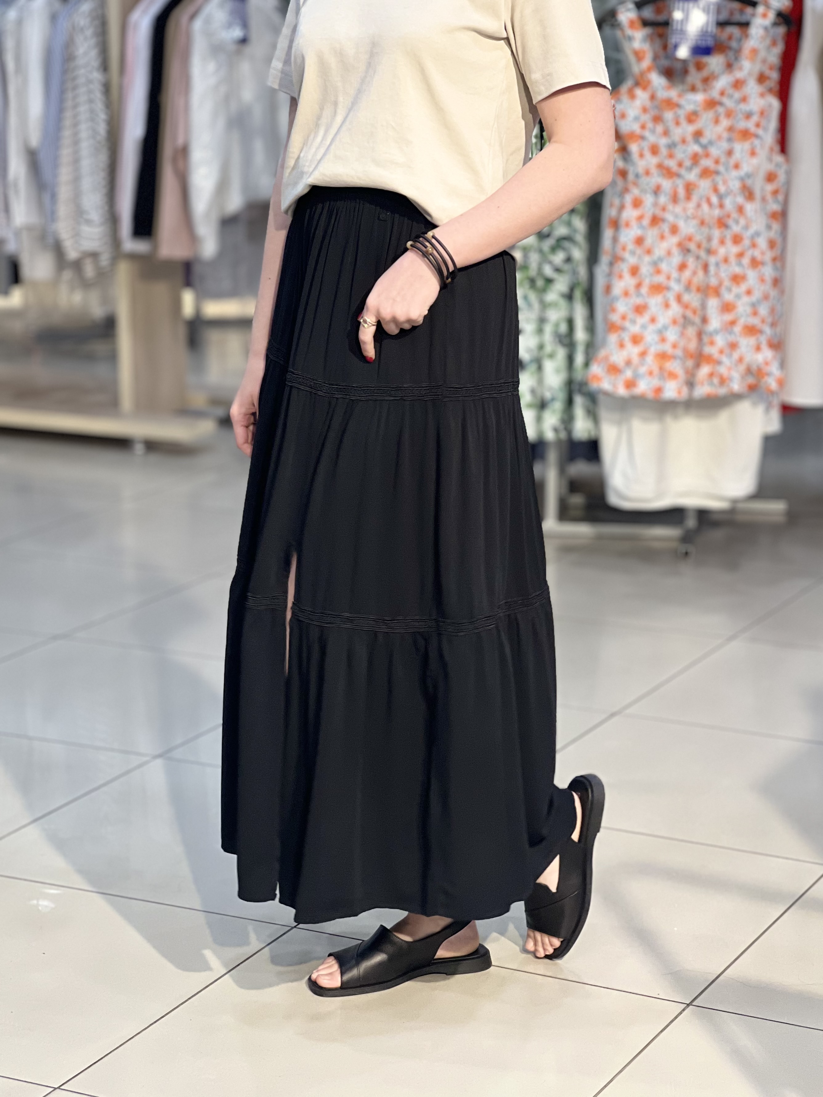 Спідниця LO L04395 G-FLAVIA довга волани мережка чорний, L