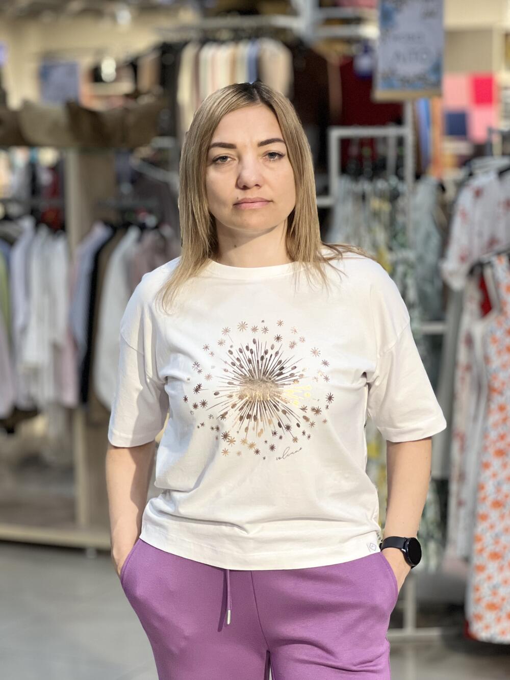 Футболка LO L02131 T-SHELI к/р укорочена принт кульбаба голд білий, S