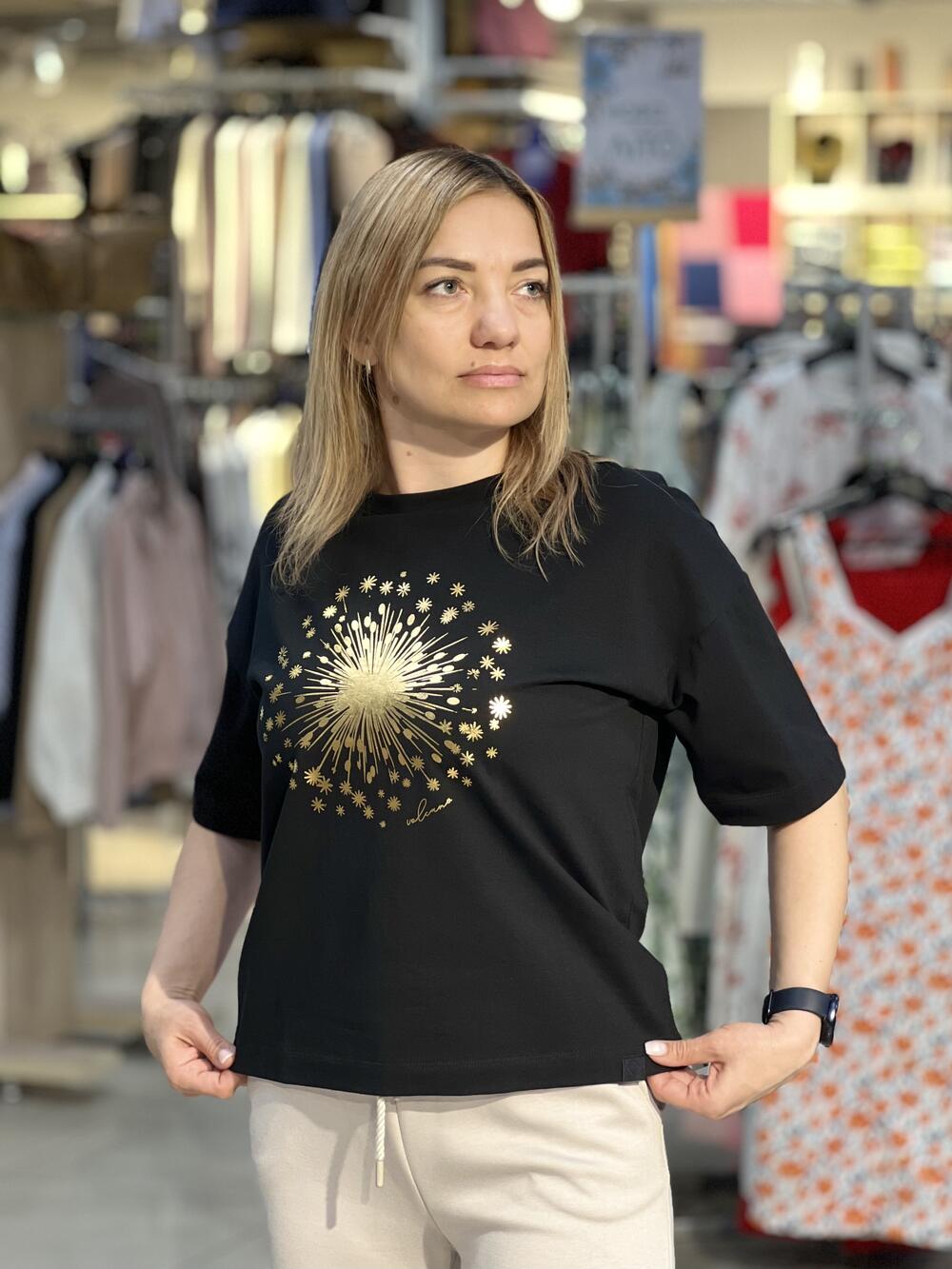 Футболка LO L02131 T-SHELI к/р укорочена принт кульбаба голд чорний, XL