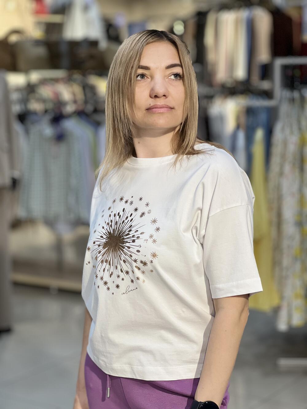 Футболка LO L02131 T-SHELI к/р укорочена принт кульбаба голд білий, XL