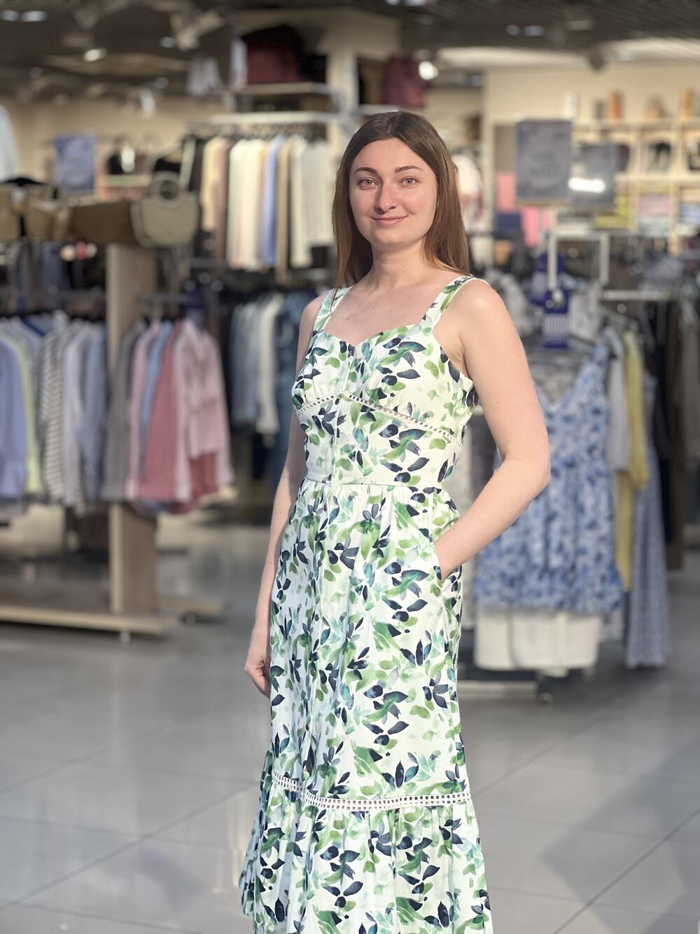 Сарафан LO 4607 міді зі вставками білий з зеленими листочками, XS