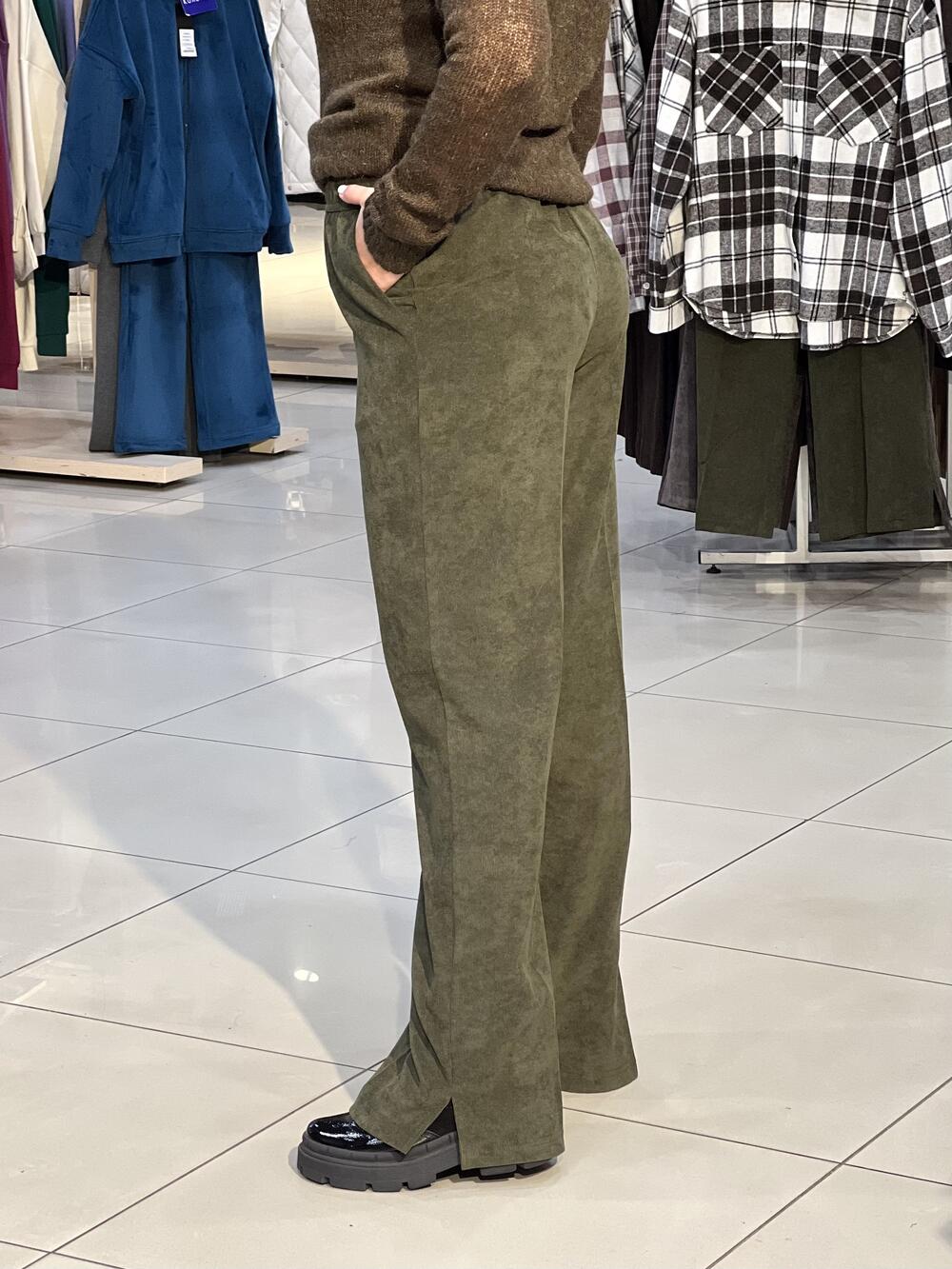 Брюки LP 9068 вельвет прямі широкі з розрізом хакі, 42-48