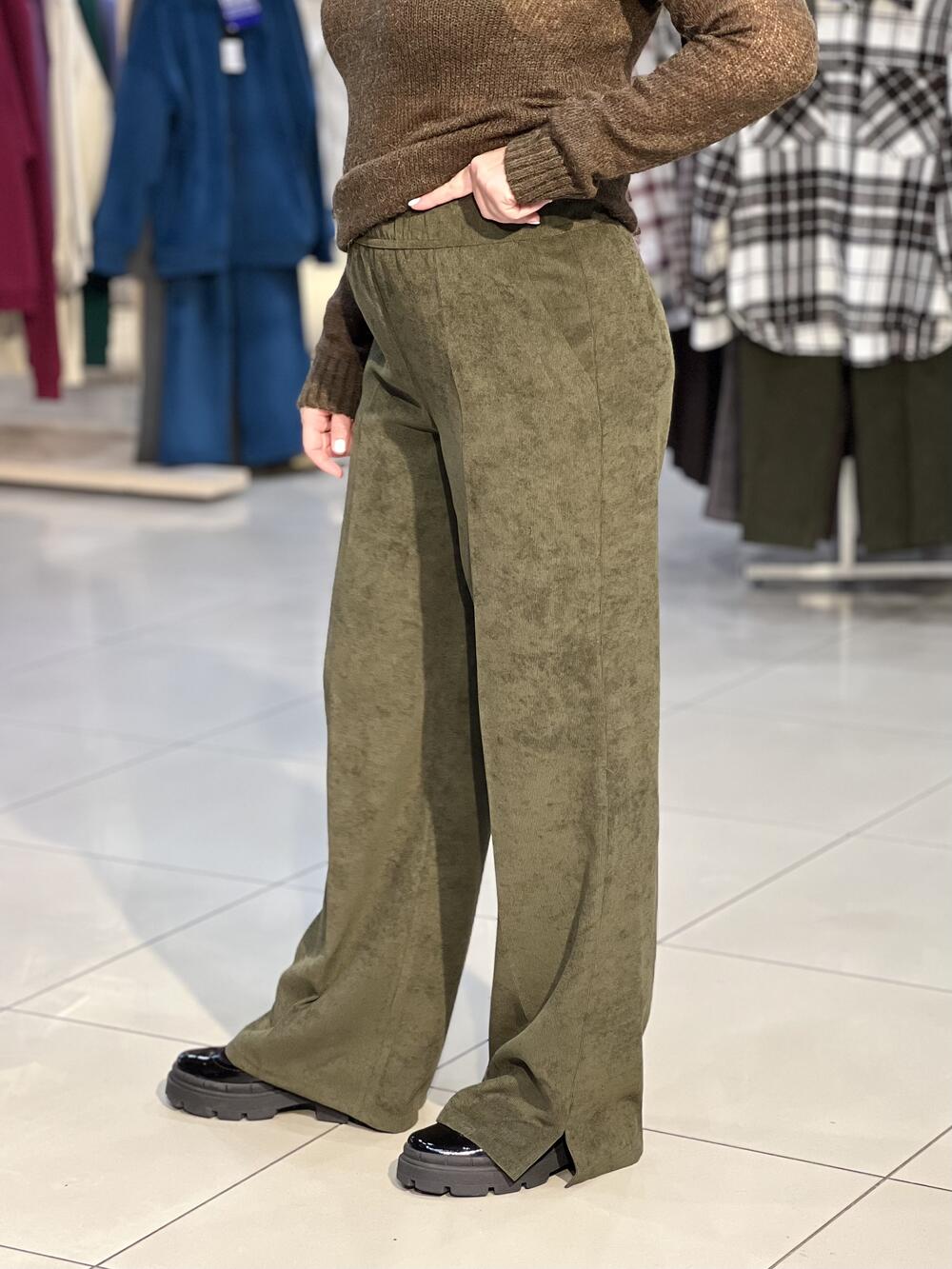 Брюки LP 9068 вельвет прямі широкі з розрізом хакі, 44-50