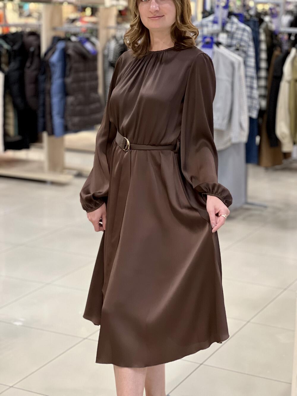 Сукня LP 7199 д/р довге шовк-жатка шоколад, 42-48