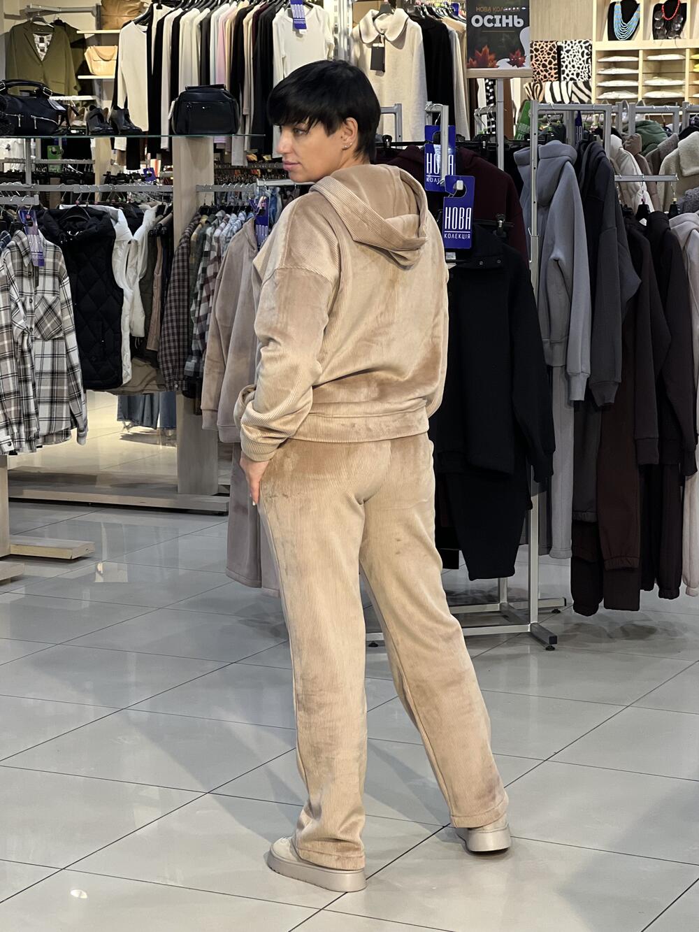 Костюм LP 3080 худі і брюки вельвет на флісі бежевий, 42-48