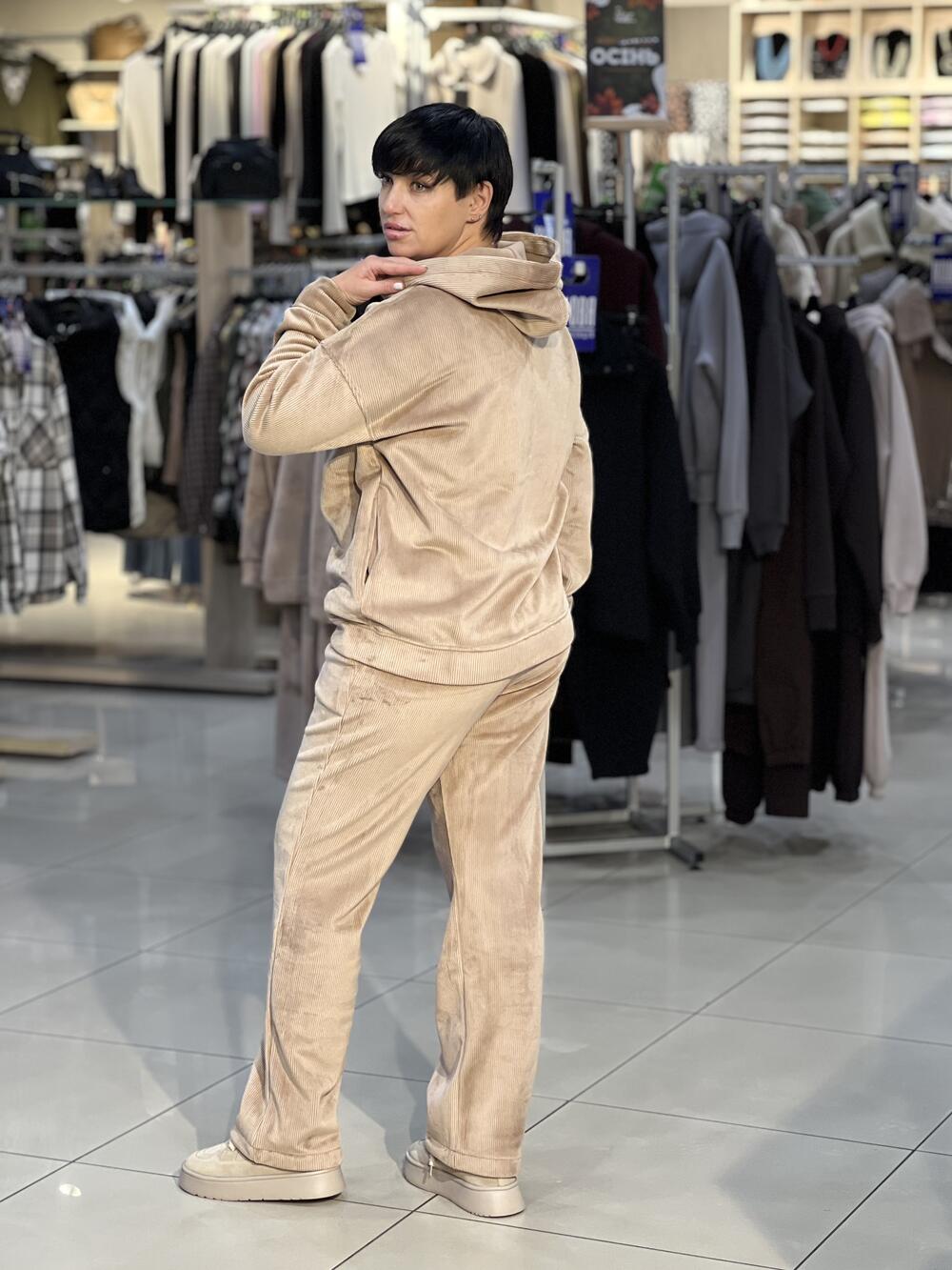 Костюм LP 3080 худі і брюки вельвет на флісі бежевий, 38-44