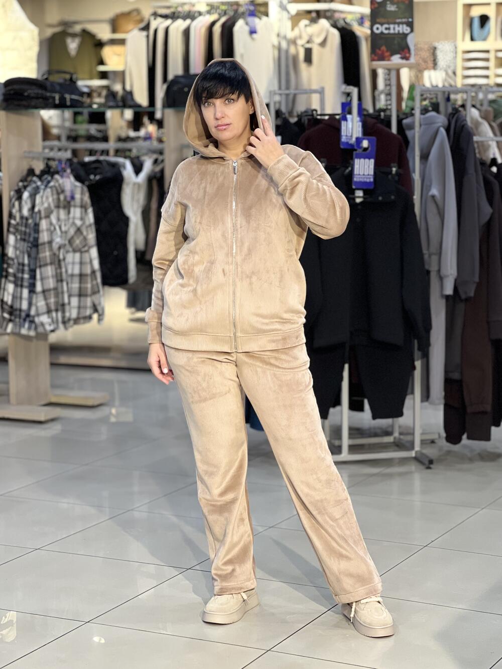 Костюм LP 3080 худі і брюки вельвет на флісі бежевий, 44-50