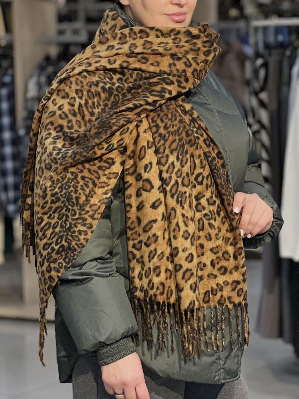 Палантин ЛЕО NEW кашемір принт леопард т.беж/чорний