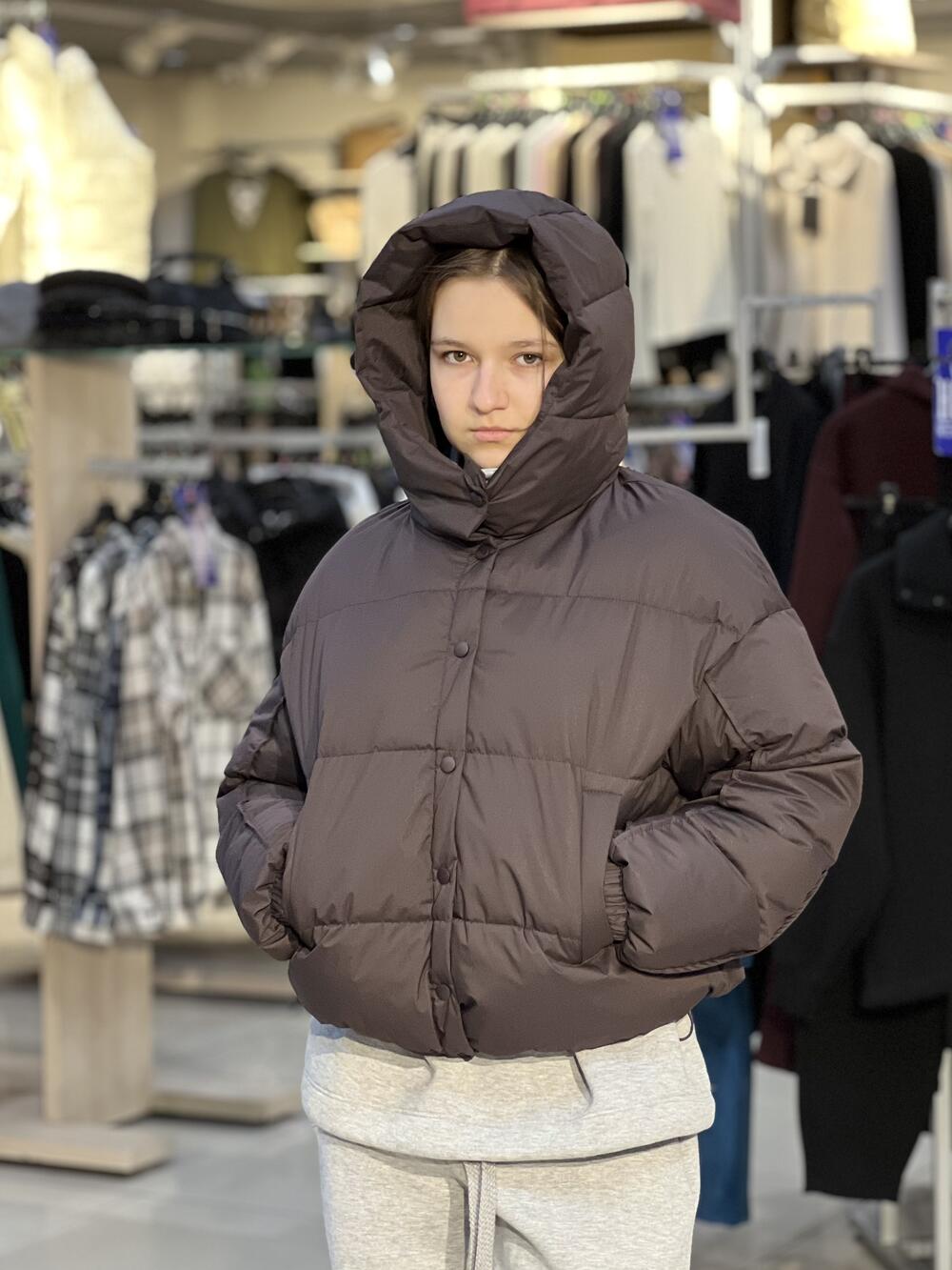 Куртка LP 080055 пуховик короткий з капюшоном шоколад, S