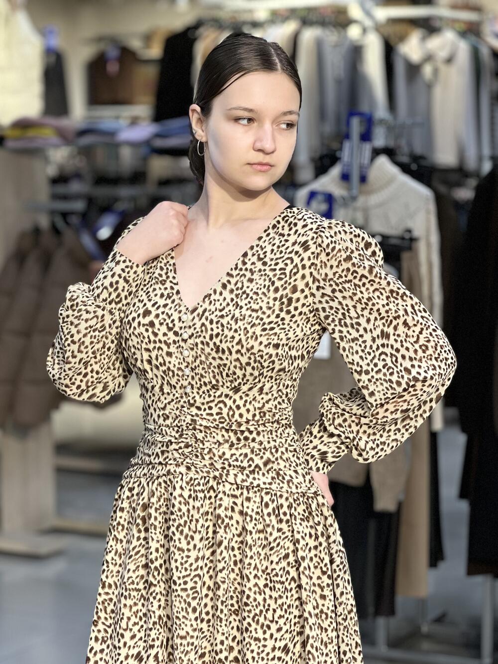 Сукня LN 998 коротка д/р шифон принт лео коричневий, 38-44