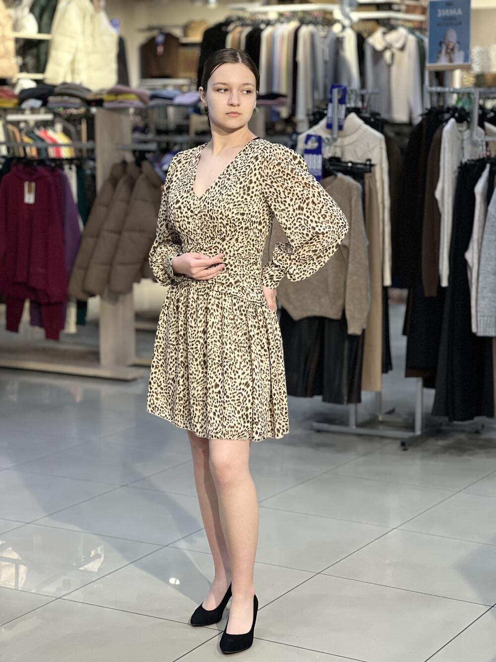 Сукня LN 998 коротка д/р шифон принт лео коричневий, 40-46