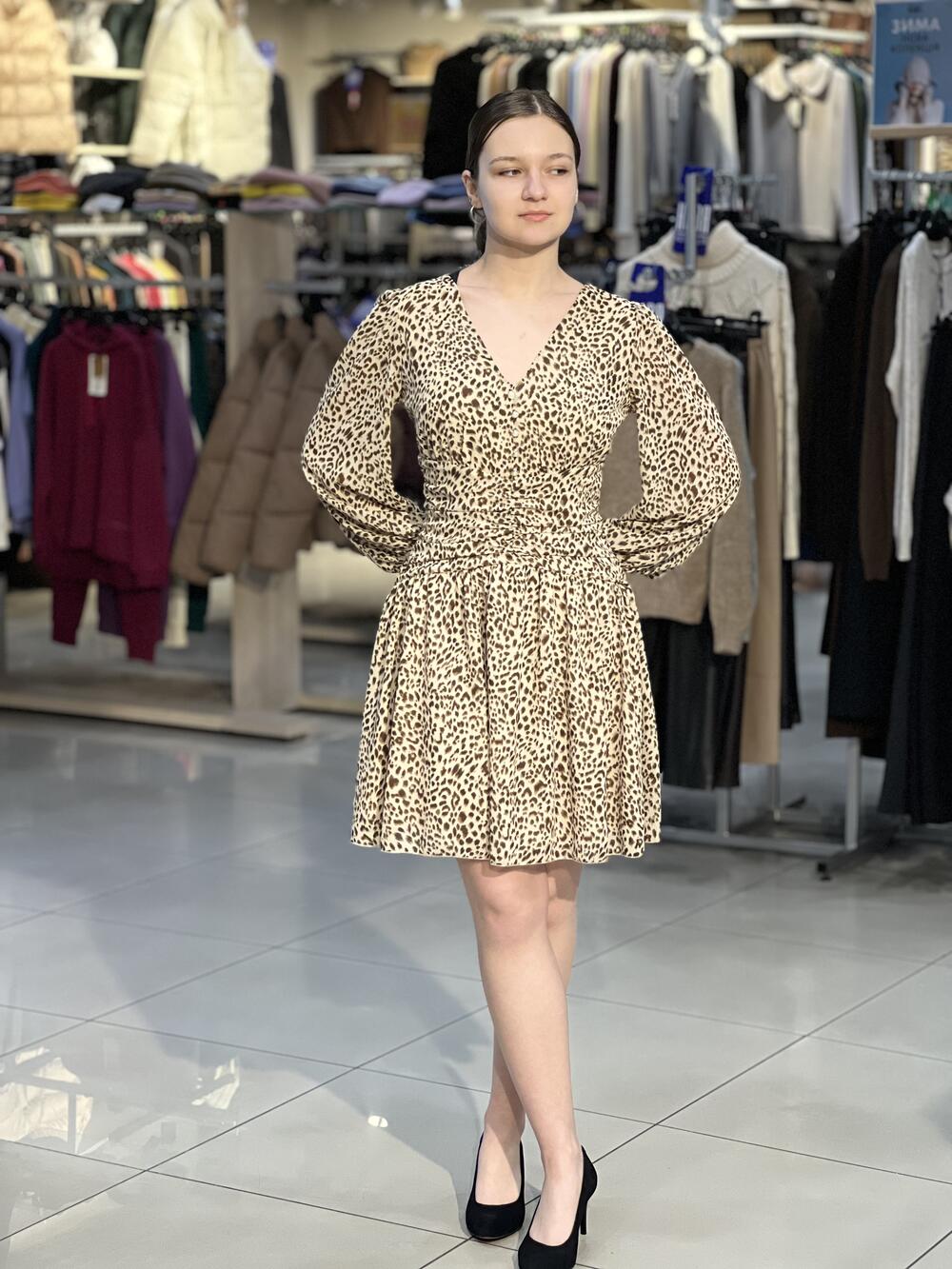 Сукня LN 998 коротка д/р шифон принт лео коричневий, 42-48