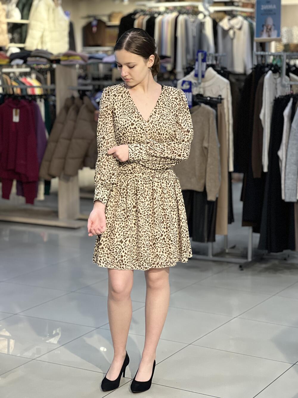 Сукня LN 998 коротка д/р шифон принт лео коричневий, 40-46