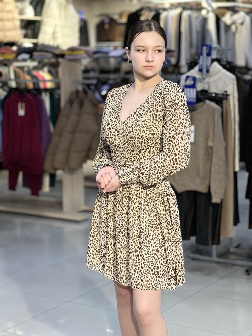 Сукня LN 998 коротка д/р шифон принт лео коричневий, 38-44