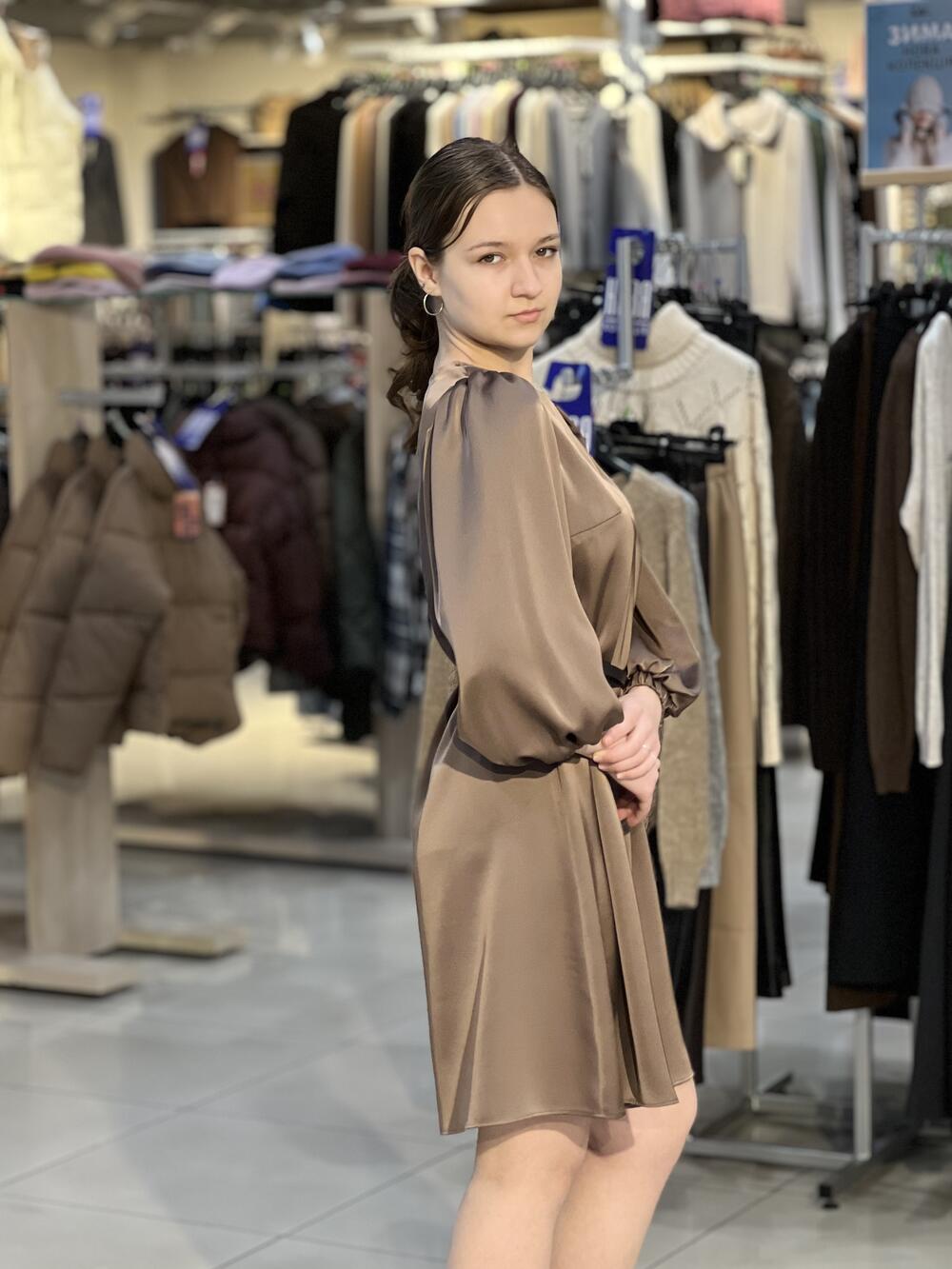 Сукня LP 7113 коротка атлас молочний шоколад, 42-48