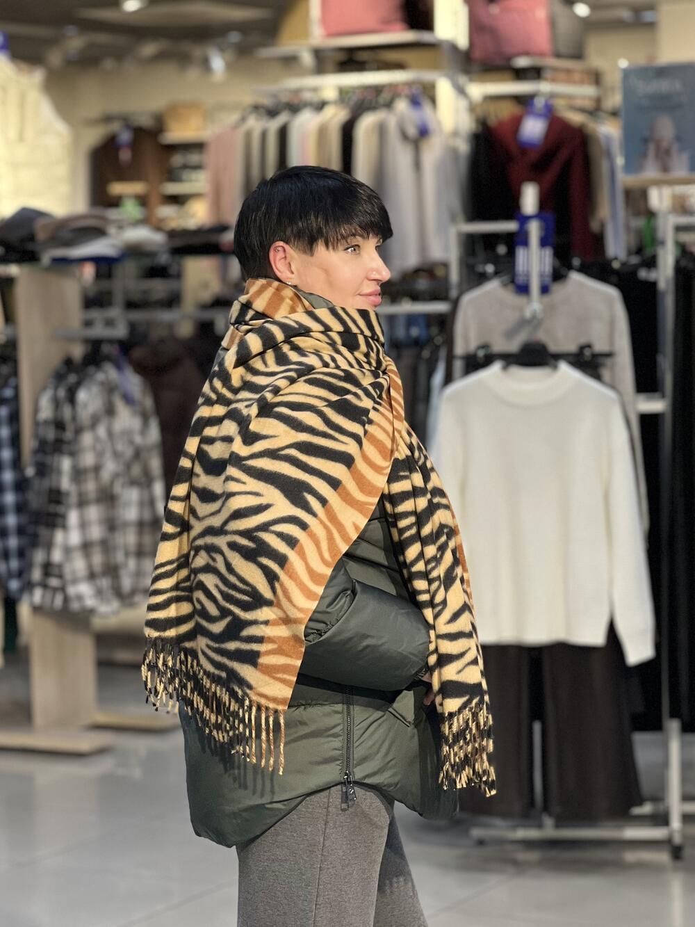 Палантин ЗЕБРА триколор кашемір чорний/бежевий/карамель