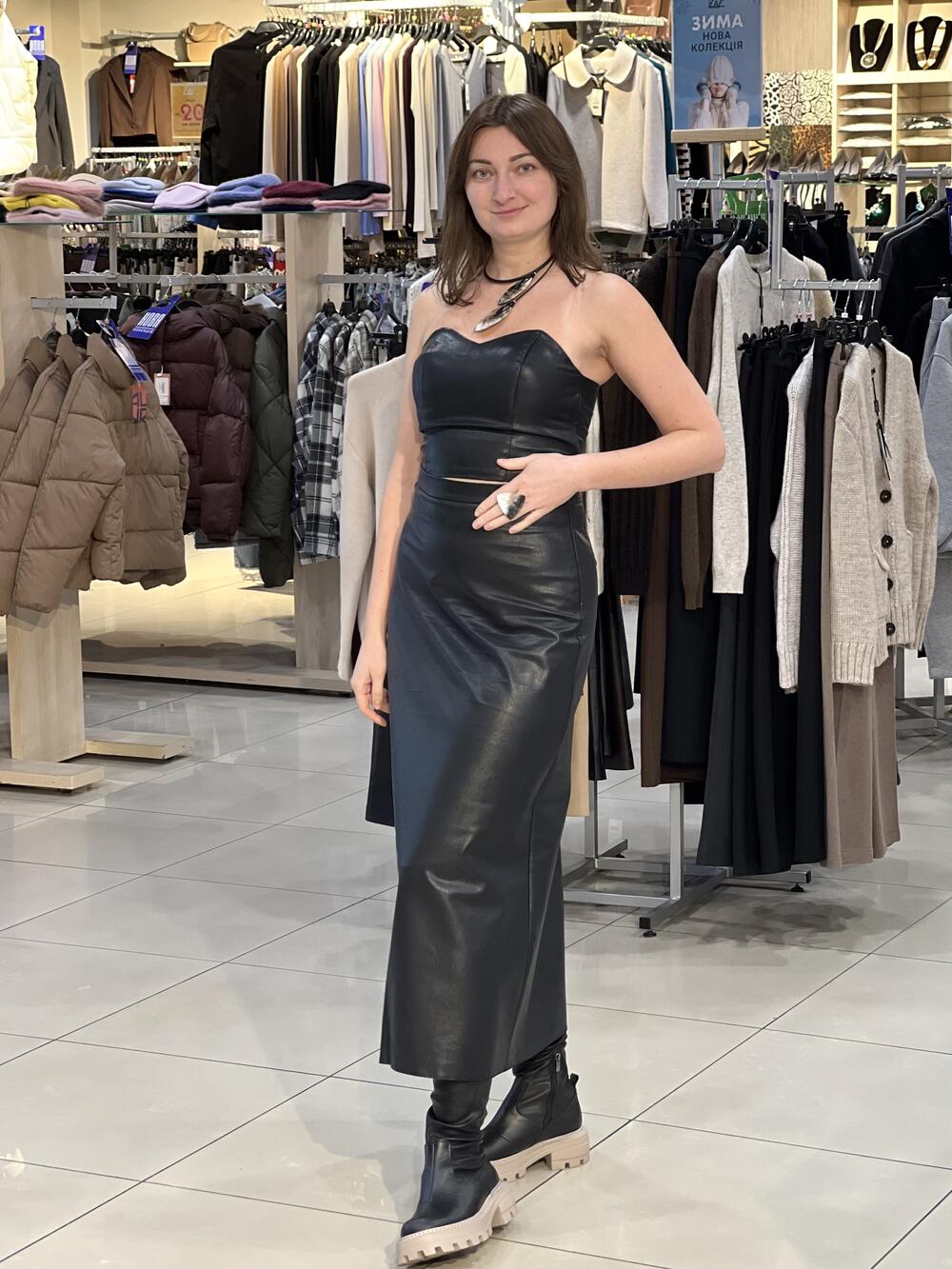 Спідниця LO 08 довга трапеція екошкіра на котоні чорний, 46/L