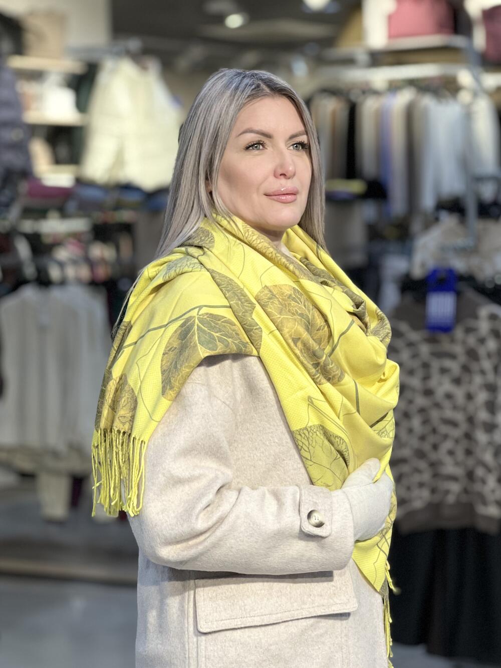 Палантин ЛИСТОЧКИ тонкий кашемір жовтий