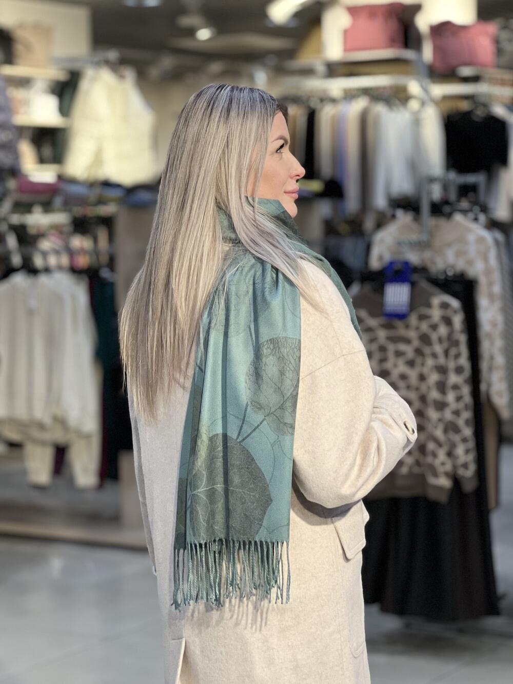 Палантин ЛИСТОЧКИ тонкий кашемір смарагд