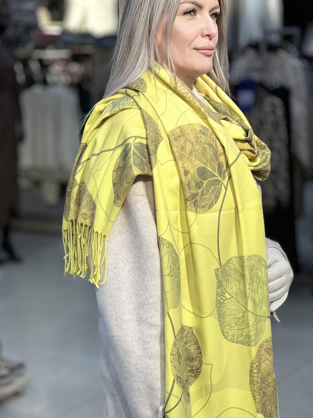 Палантин ЛИСТОЧКИ тонкий кашемір жовтий