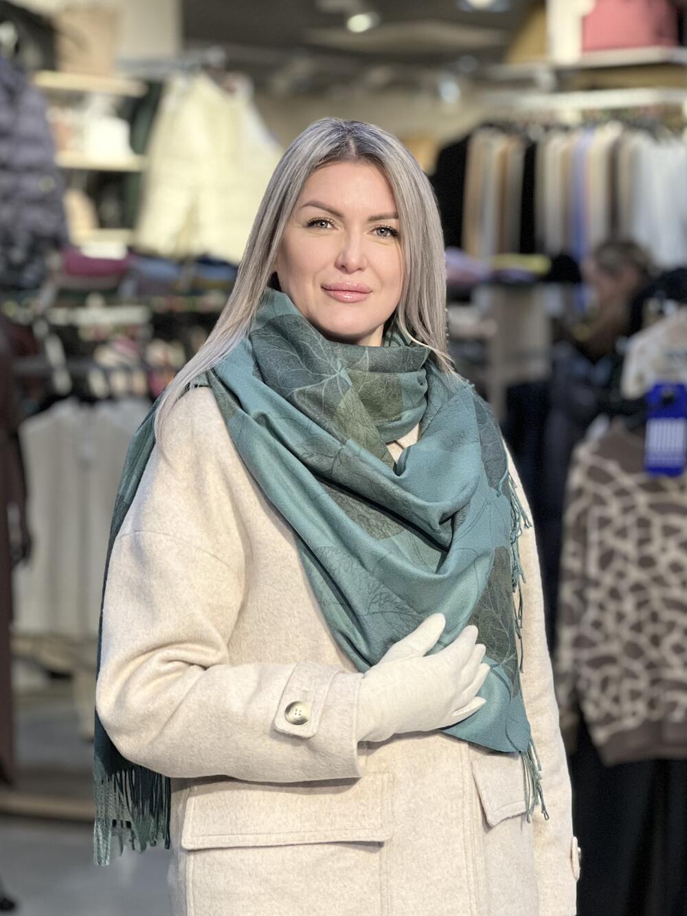 Палантин ЛИСТОЧКИ тонкий кашемір смарагд