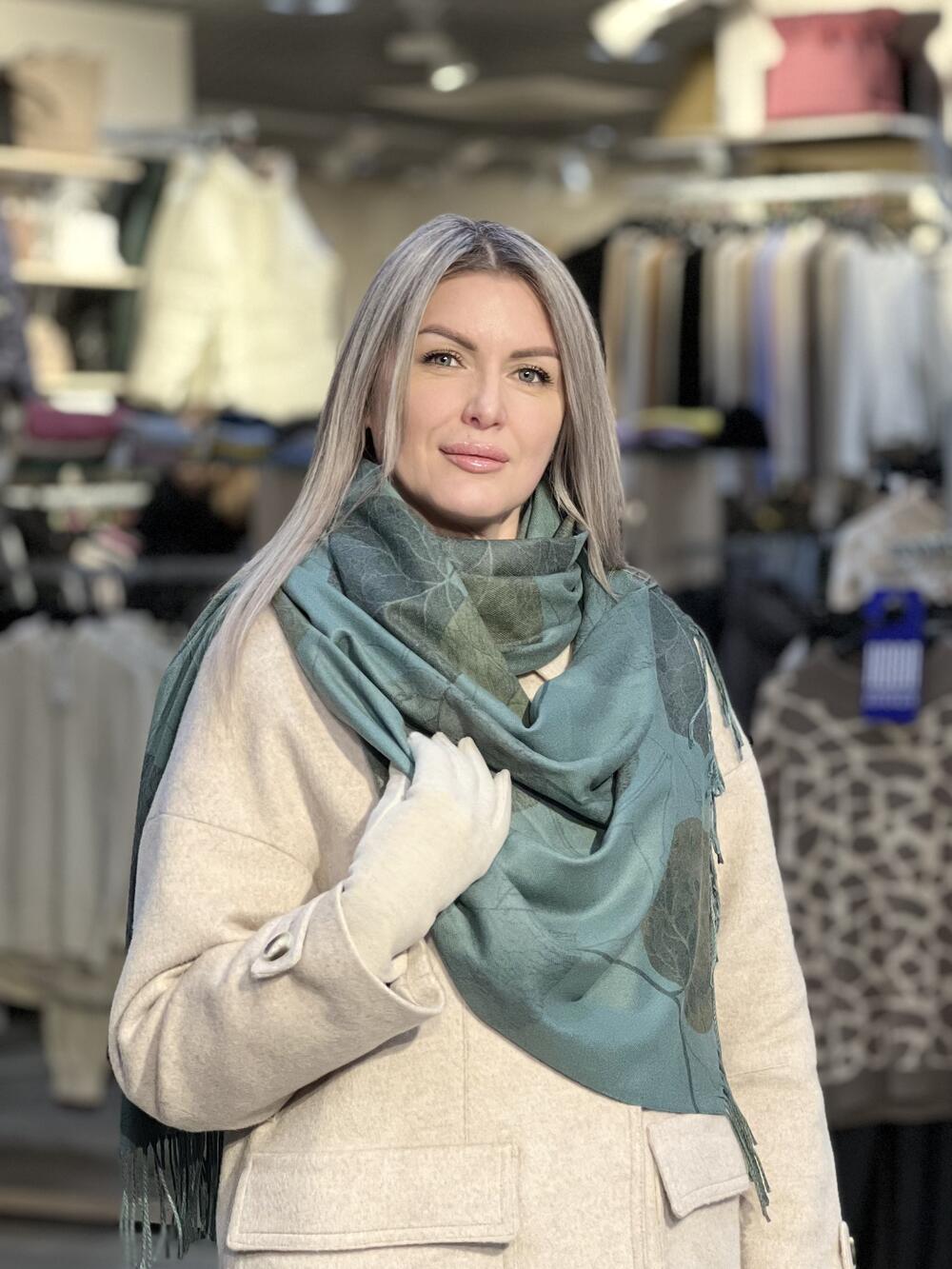 Палантин ЛИСТОЧКИ тонкий кашемір смарагд