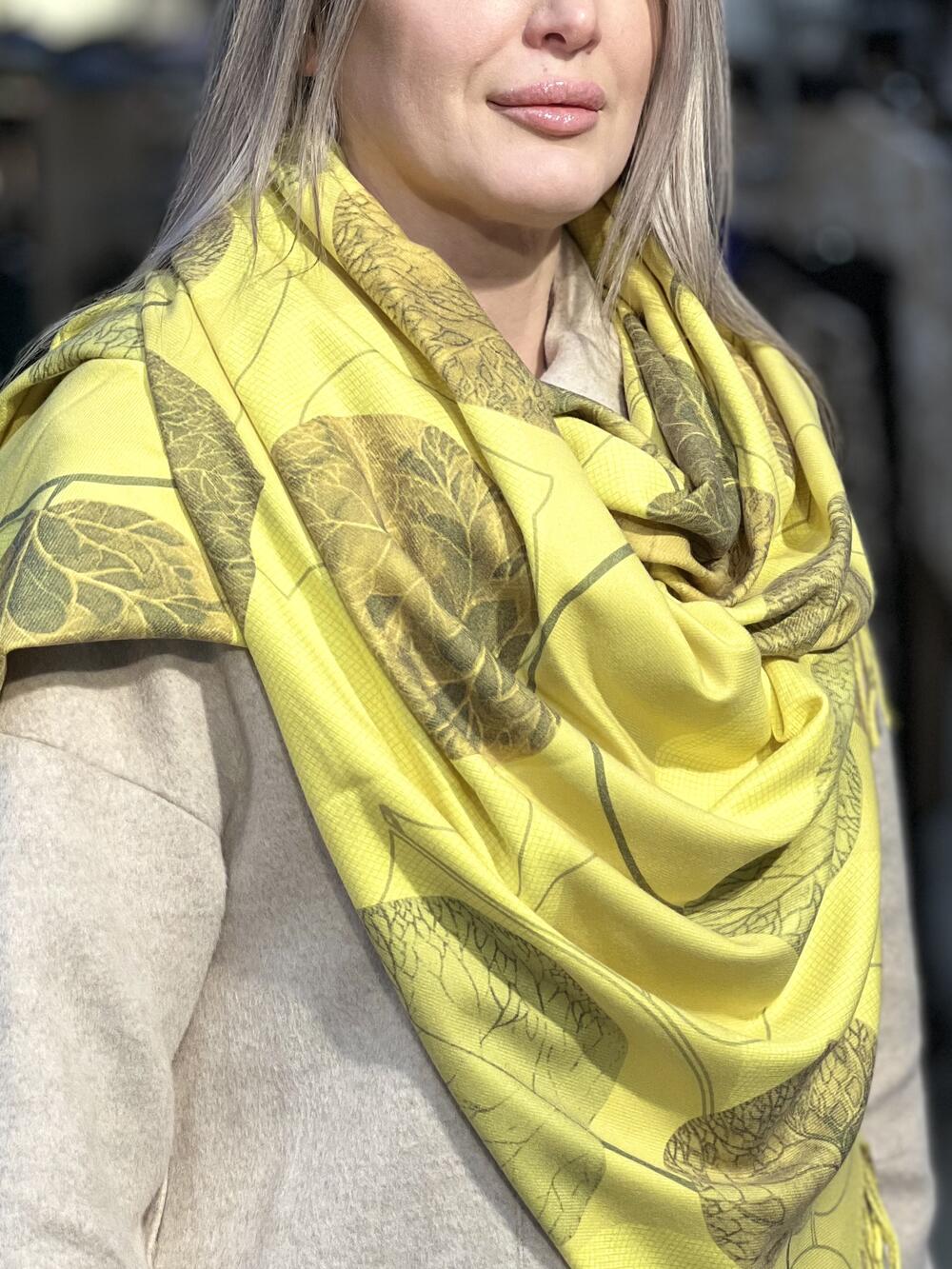 Палантин ЛИСТОЧКИ тонкий кашемір жовтий