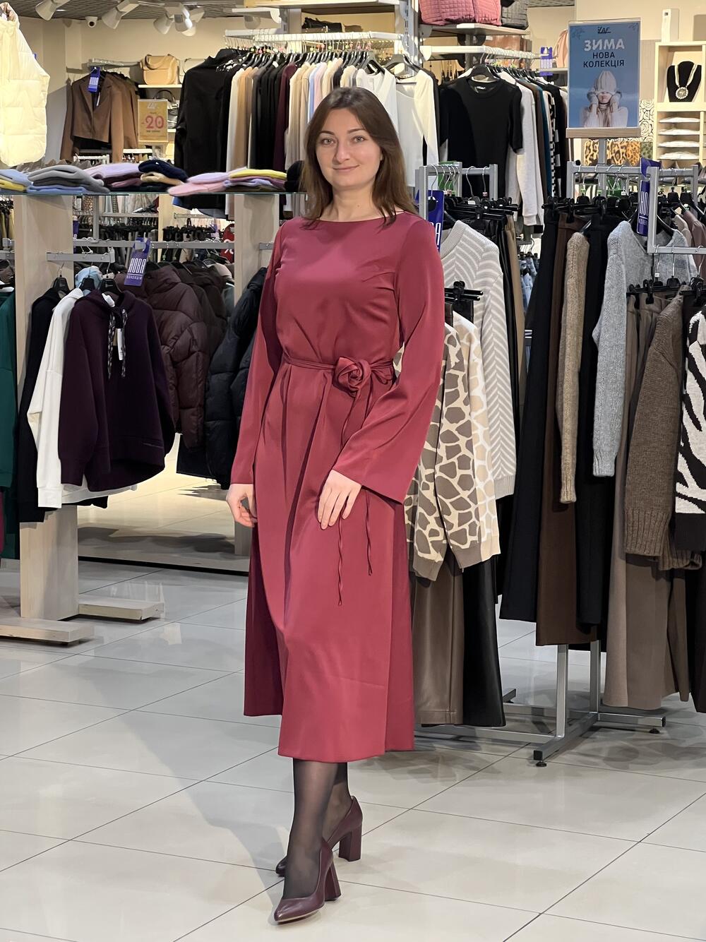 Сукня LP 1035 д/р королівський атлас квітка бургунді, 38-44