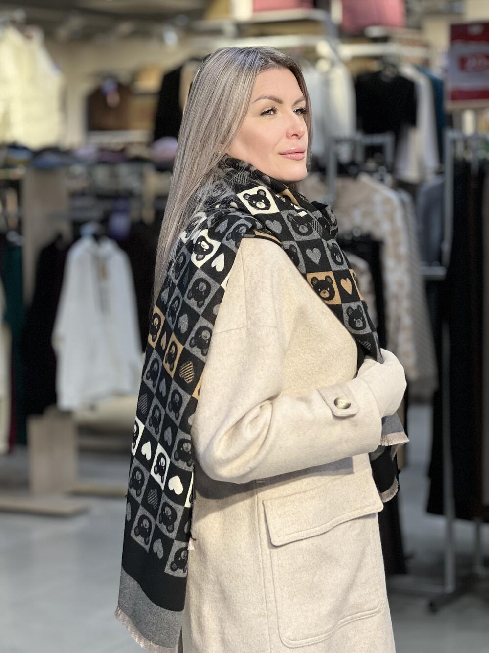 Палантин ВЕДМЕДИКИ_СЕРЦЯ кашемір тонкий т.сірий/чорний/молоко/бежевий