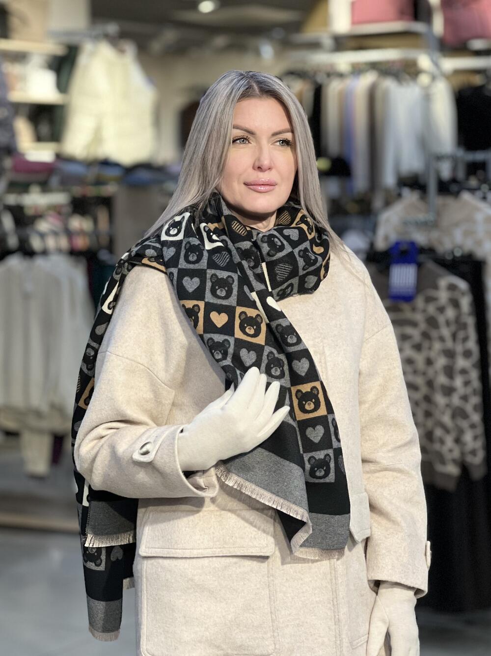 Палантин ВЕДМЕДИКИ_СЕРЦЯ кашемір тонкий 