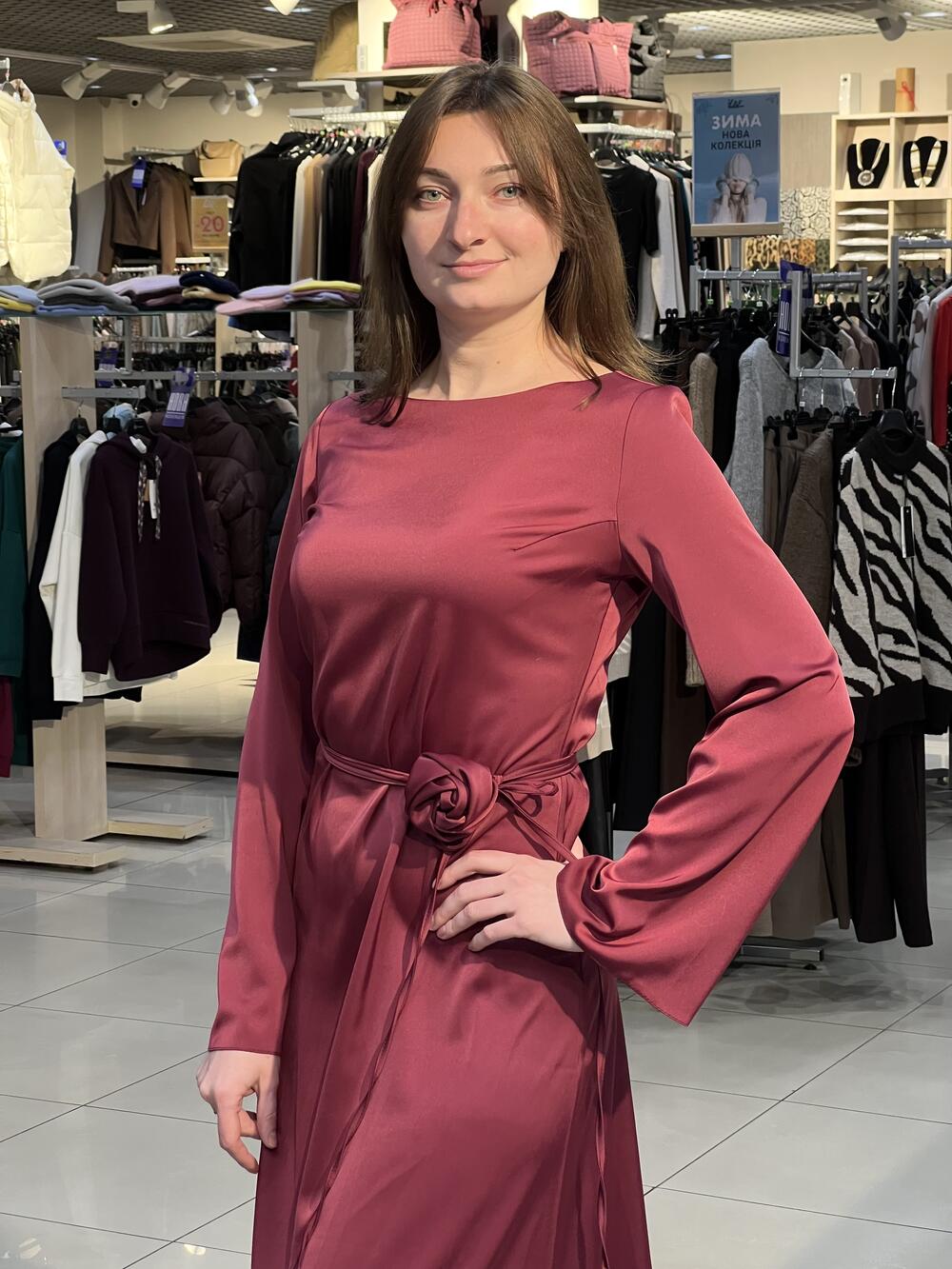 Сукня LP 1035 д/р королівський атлас квітка бургунді, 44-50