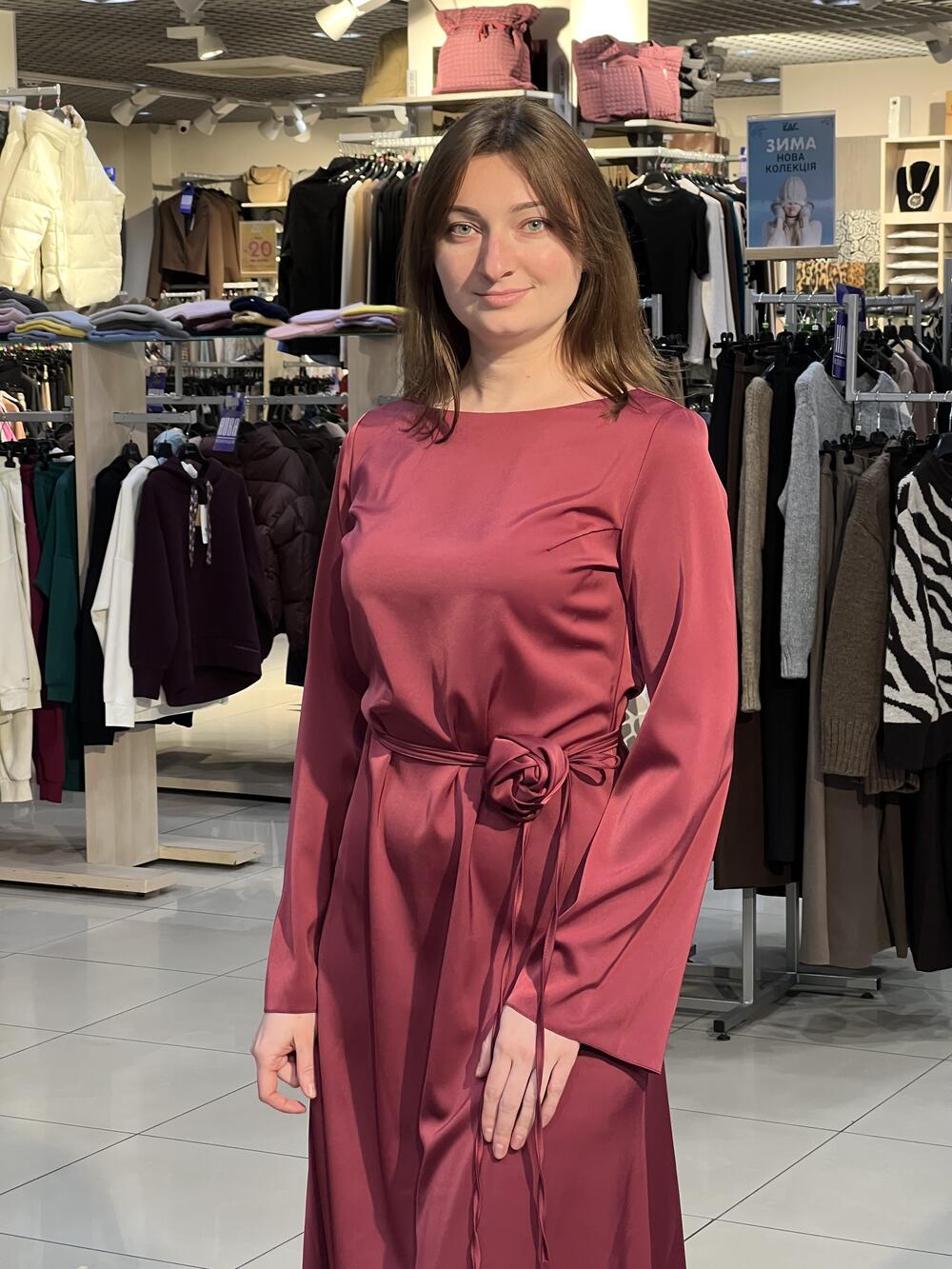 Сукня LP 1035 д/р королівський атлас квітка бургунді, 38-44