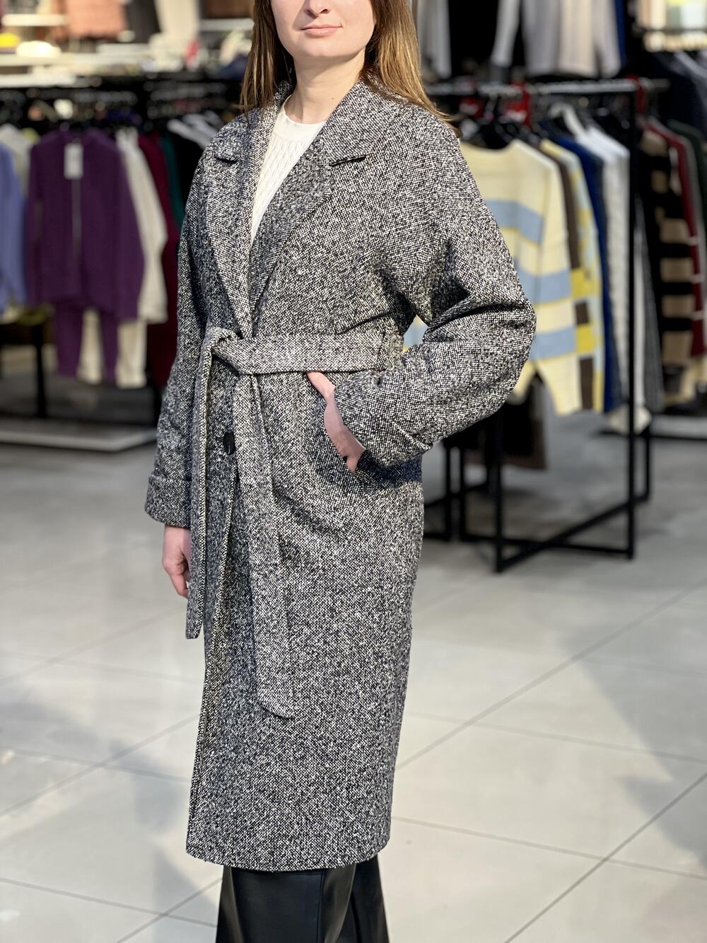 Пальто LP 777 довге меланж спущене плече чорно-білий, 42-48