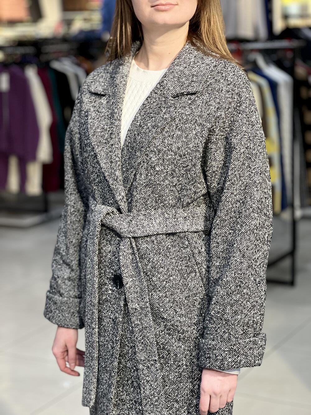 Пальто LP 777 довге меланж спущене плече чорно-білий, 42-48