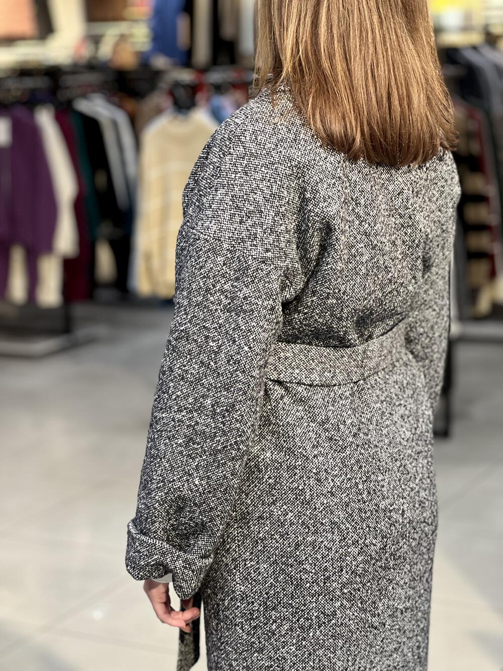 Пальто LP 777 довге меланж спущене плече чорно-білий, 42-48