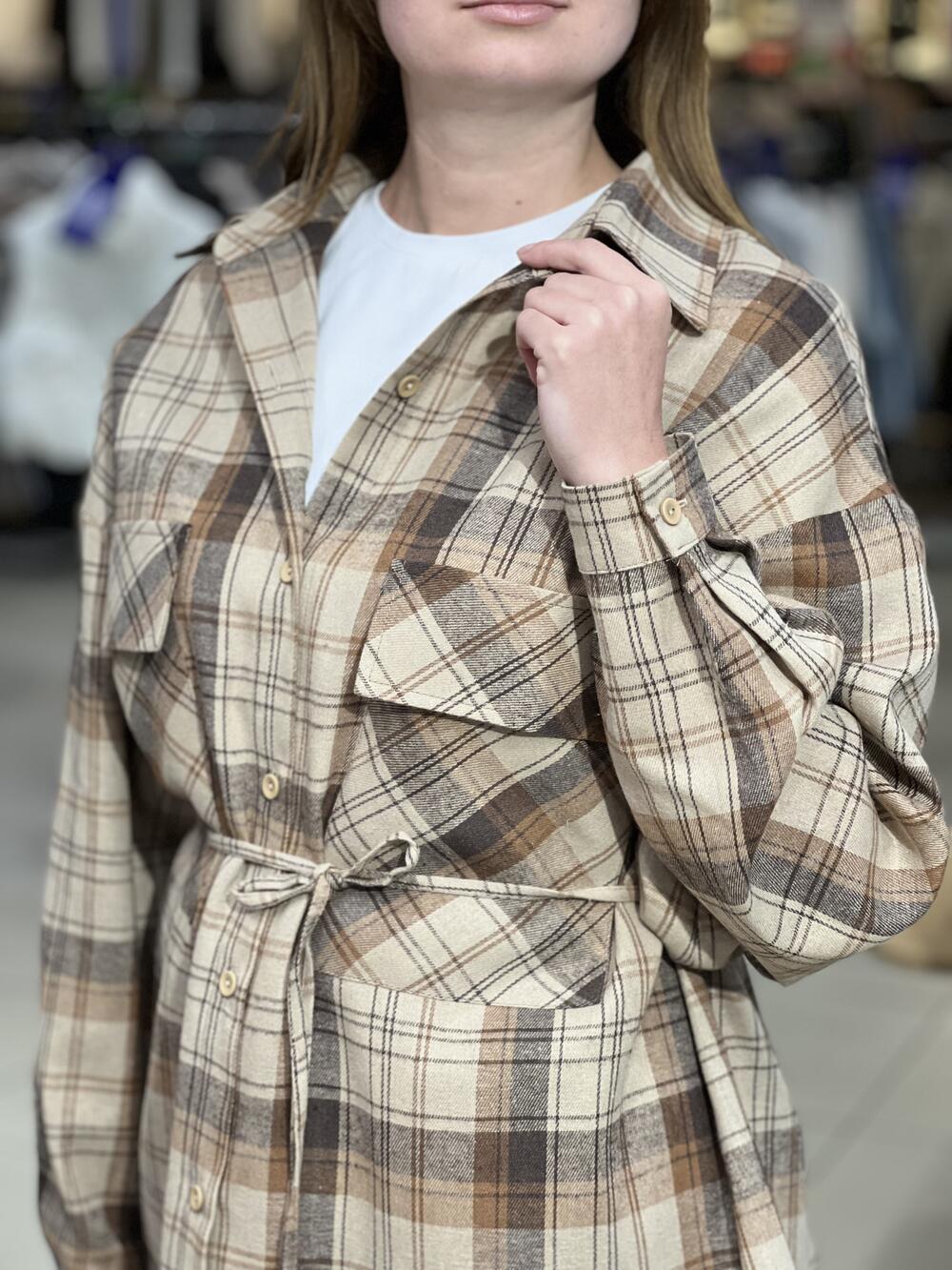 Сорочка LR 528 фланель д/р з паском како/коричневий/шоколад, M-L