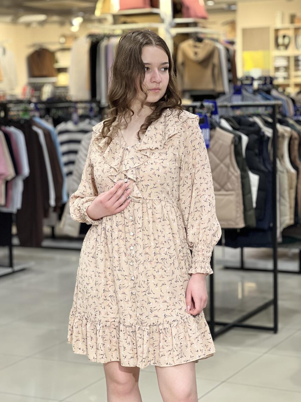 Сукня LR 1051 д/р коротка шифон рюші молочний, 36-42