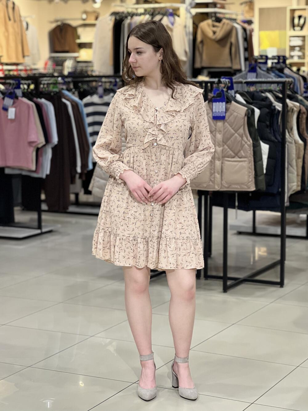 Сукня LR 1051 д/р коротка шифон рюші молочний, 36-42