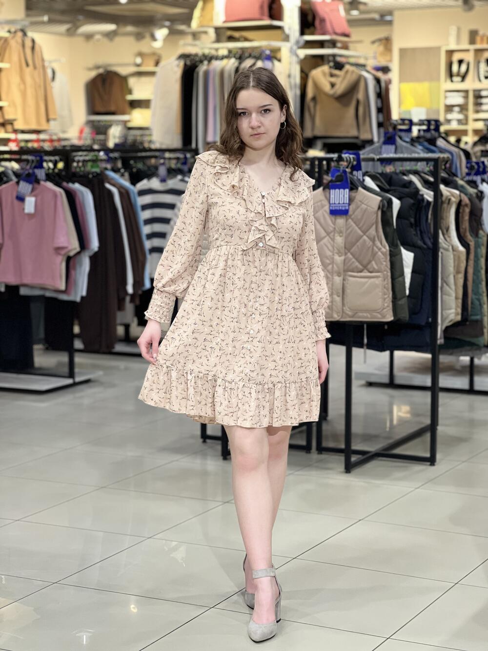 Сукня LR 1051 д/р коротка шифон рюші молочний, 36-42