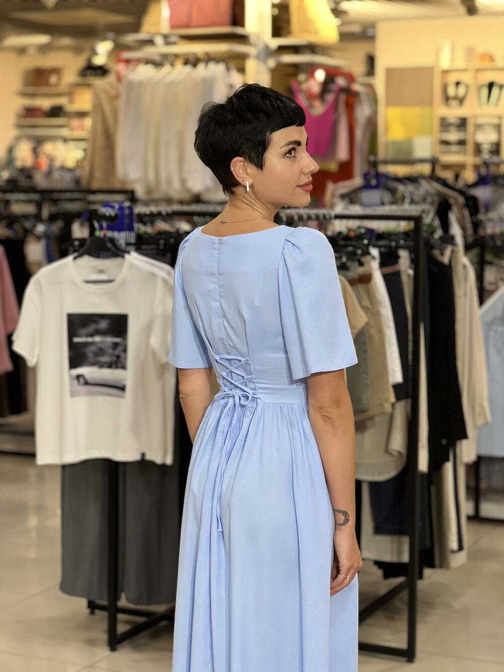 Сукня LR 1060 к/р льон з шнурівкою блакитний, 40-46
